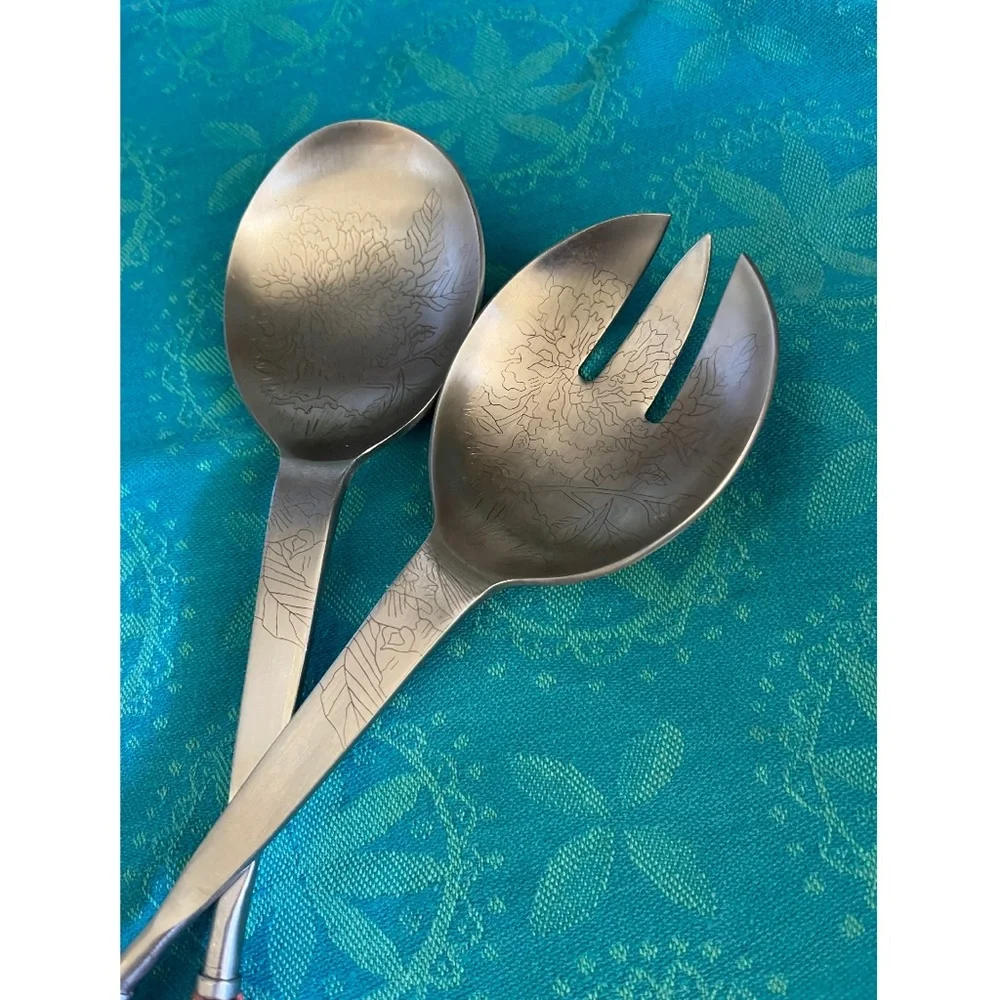 Anthropologie Laine Salad Server Set Etched Floral Pink Bone Handle discontinued